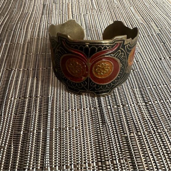 Vintage Brass Owl Cuff Bracelet Enamel India * flaws 60s 70s 80s - Picture 11 of 12